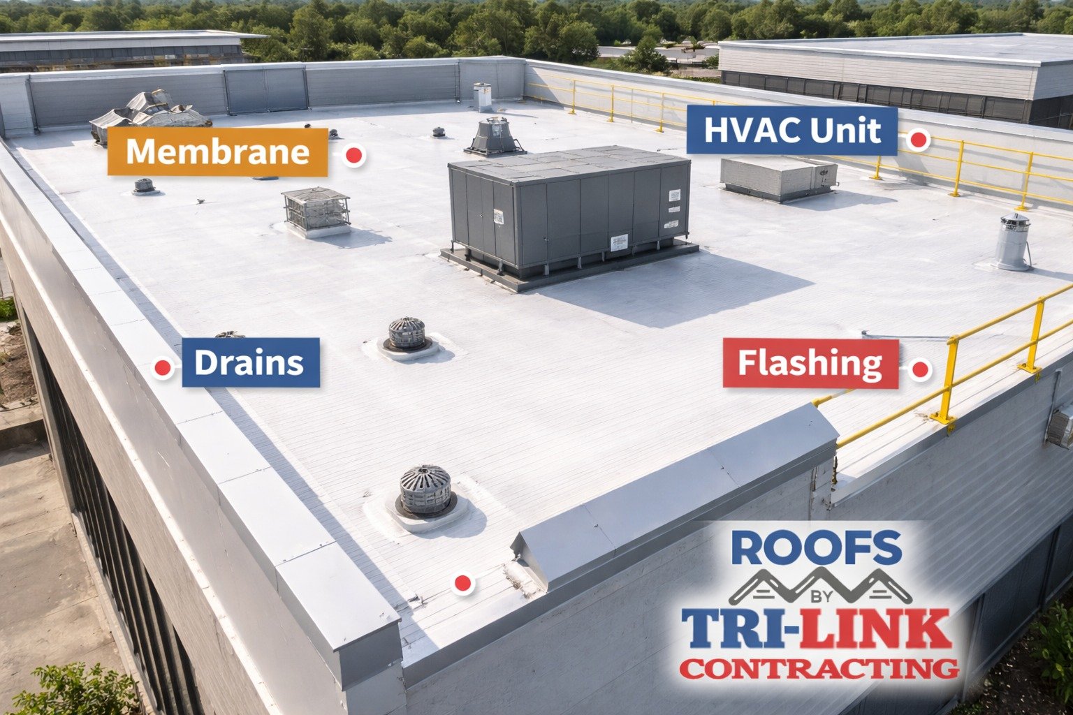 A labeled Tri-Link commercial flat roof installation