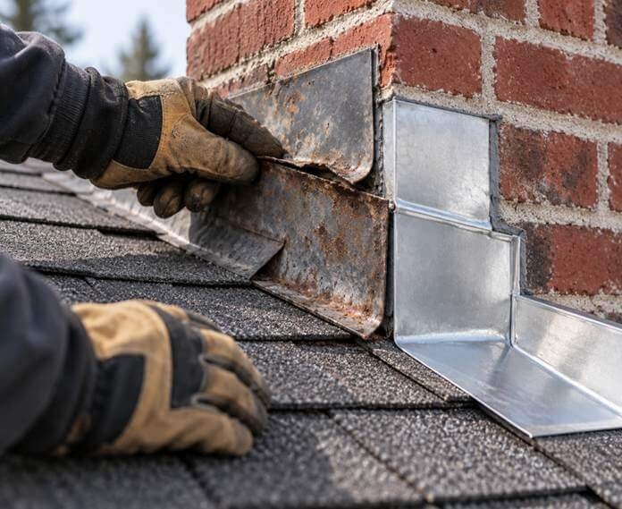 Chimney flashing on a composition roof, the most common leak point