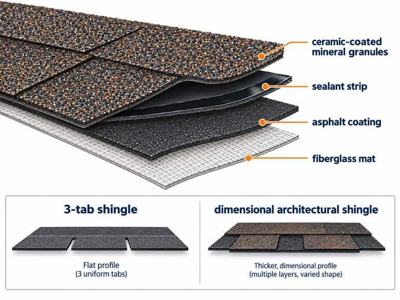 Composition roof shingle layers: fiberglass mat, asphalt and mineral granules