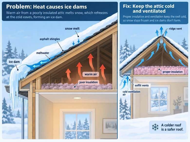 How an ice dam forms on a composition roof and how attic ventilation prevents it
