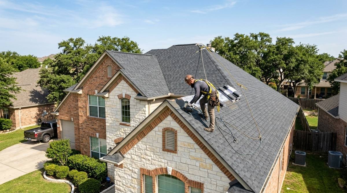 Roofer installing architectural shingles while roofing Round Rock home with limestone walls in Central Texas